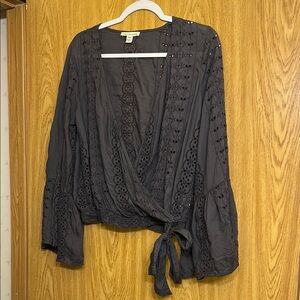 American Eagle Outfitters Black Wrap Blouse with 3/4 Sleeves